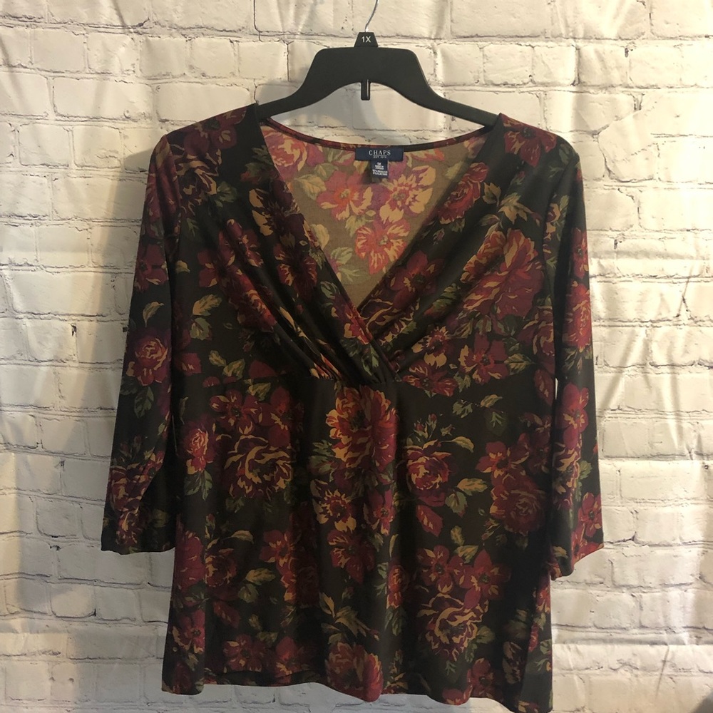 Chaps Accentuated V Neck, Multicolored, Floral Blouse - 3/4 Sleeves - 1X - NWOT